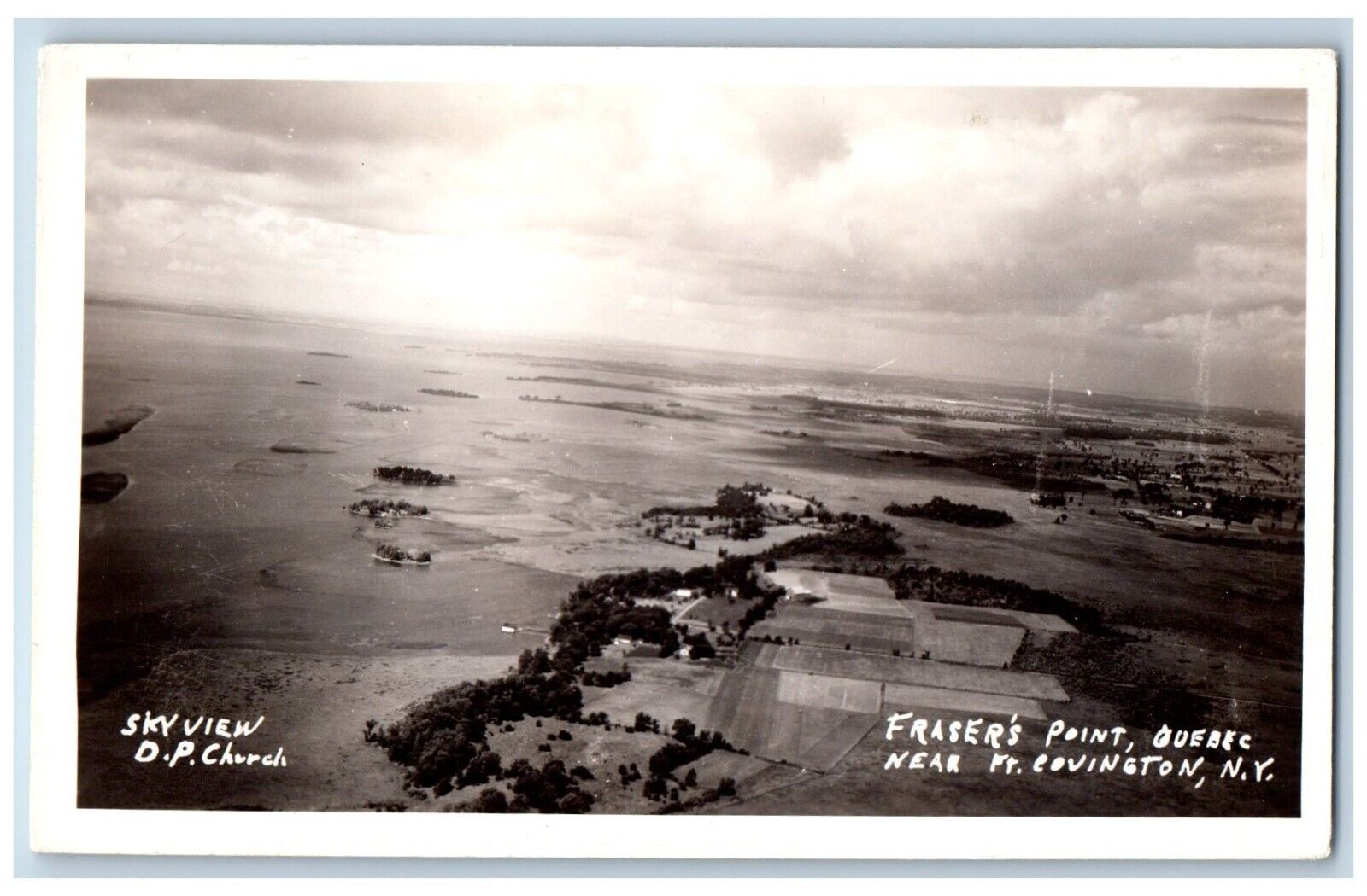 Covington NY Postcard RPPC Photo Fraser's Point Quebec Skyview DP Church c1930's