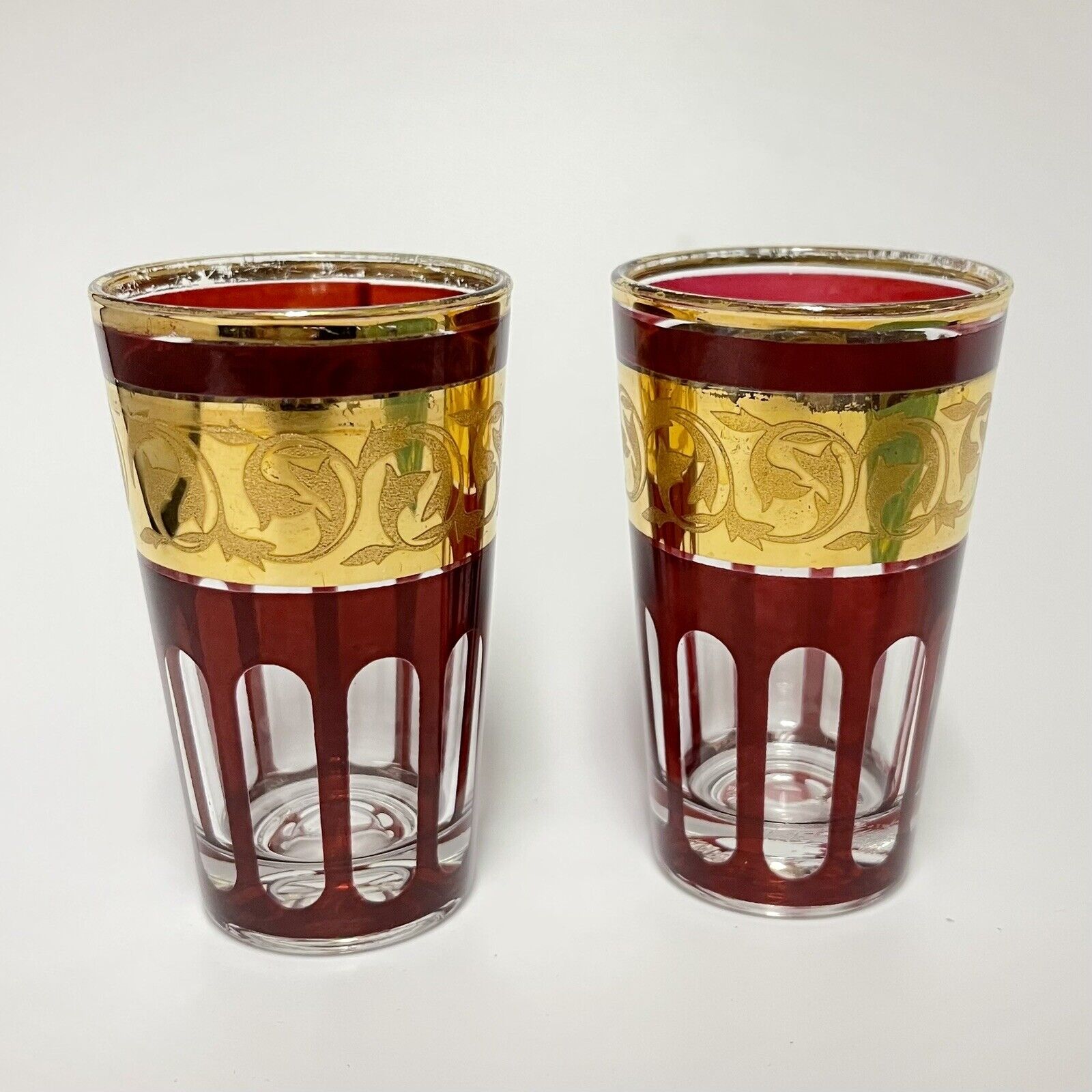 Cordial Glasses Liqueur Pair French Ruby Red & Gold Hollywood Regency Reims