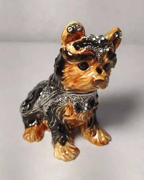 Yorkie Dog Ornate Trinket Box Enamel & Rhinestone Magnetic Hinge Closure Jewelry