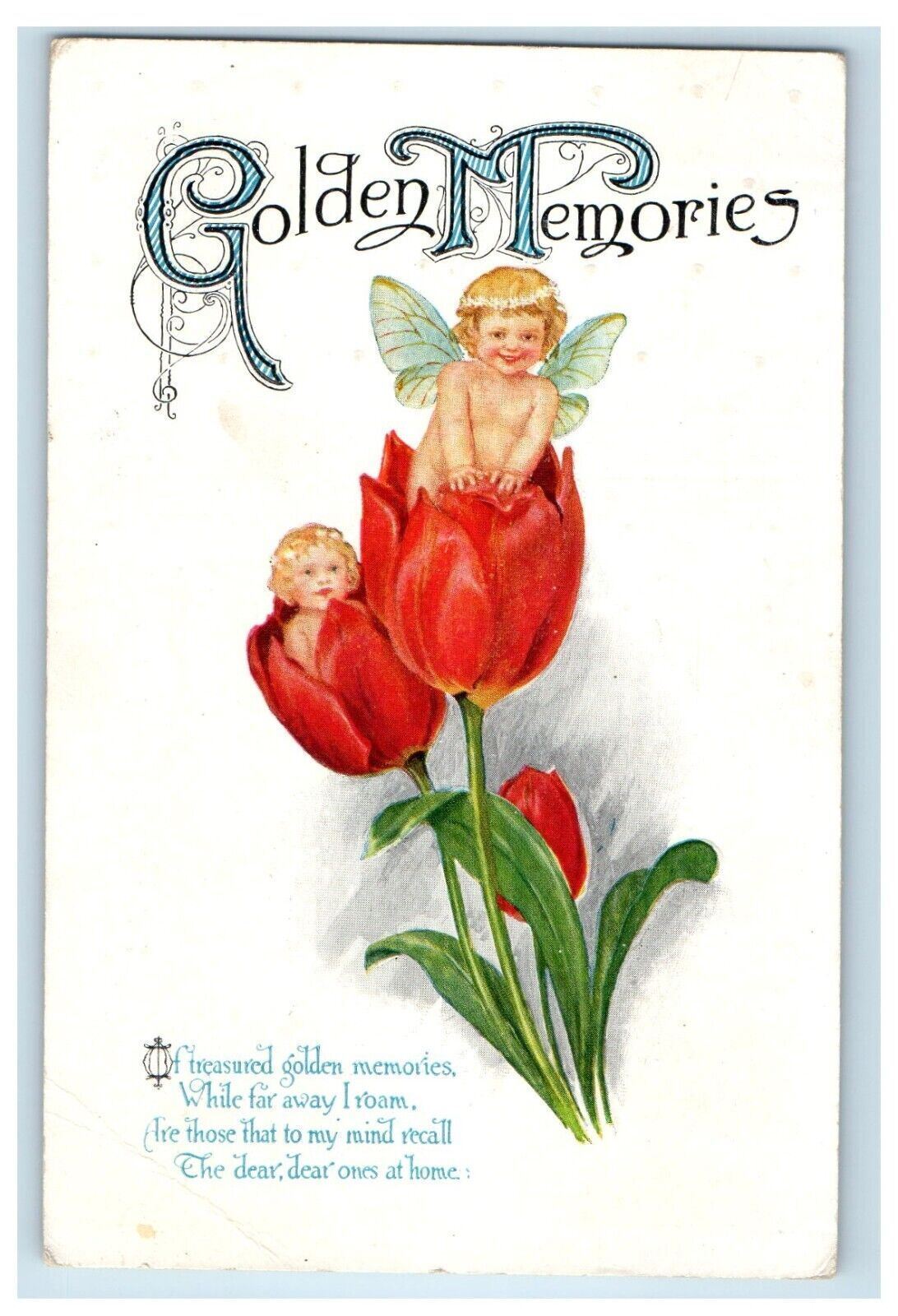 c1910\'s Golden Memories Poem Tulip Flowers Angel Cherub Winsch Back Postcard