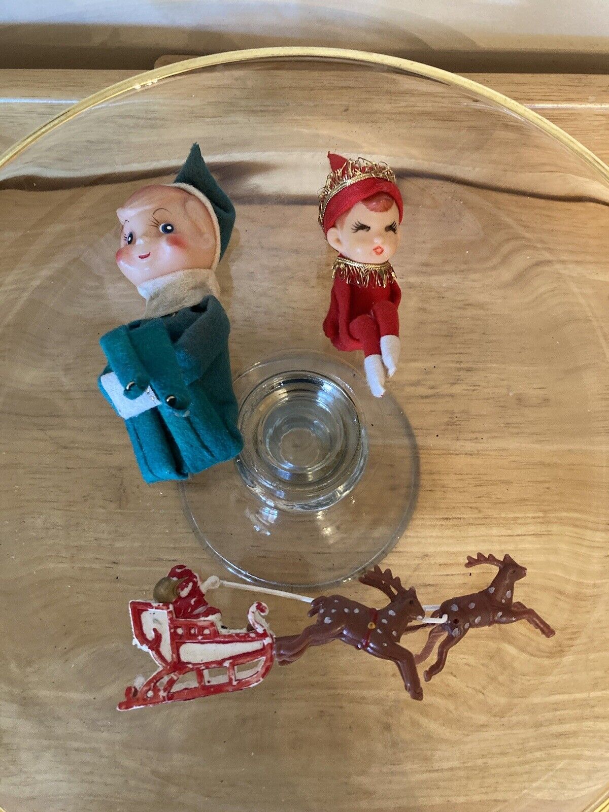 Vintage 2 Rubber Face Pixie Elves & Santa Claus with Sleigh