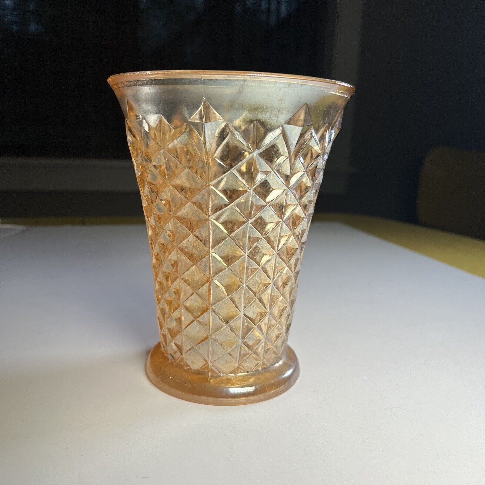Vintage Sowerby Diamond Pinwheel Glass Iridescent Marigold Vase Carnival Glass