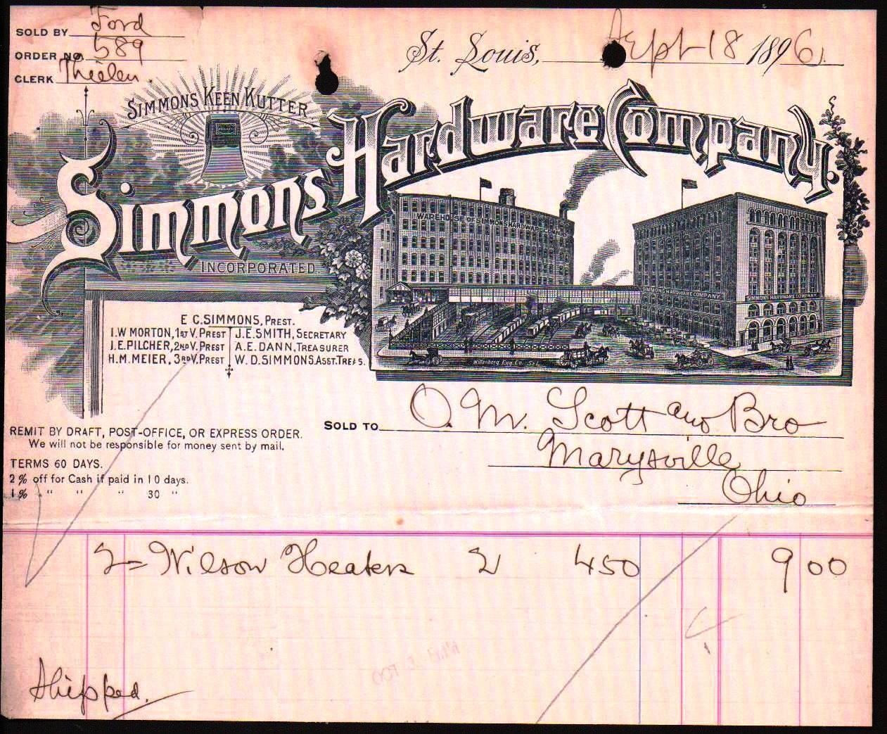 1896 Simmons Hardware Co - Keen Kutter - St Louis Mo - History Letter Head Bill