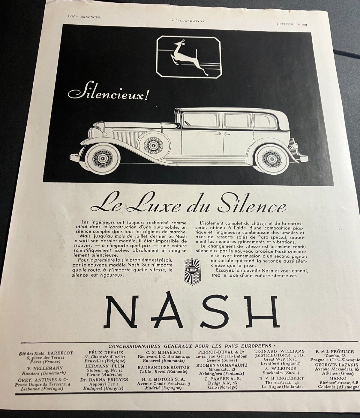 RARE FRENCH 1931 Nash 4-Door Sedan - Vintage Original Print Ad / Wall Art  CLEAN