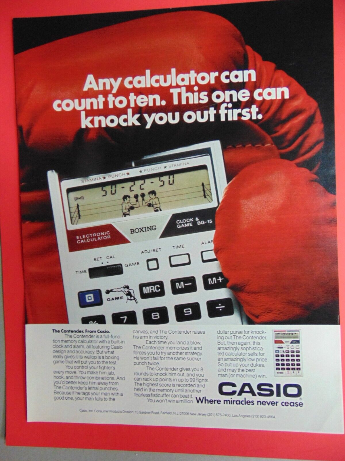 1982 CASIO The Contender Calculator photo print ad
