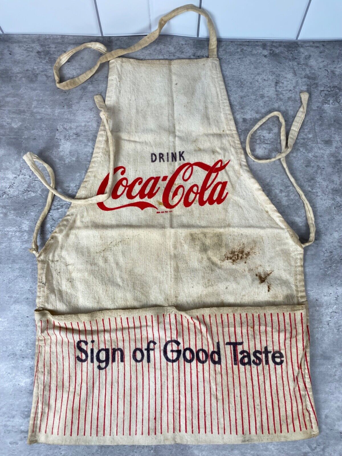 Vintage 50s Coca Cola Vendor Apron Sign Of Good Taste Pinstripes Pockets RARE