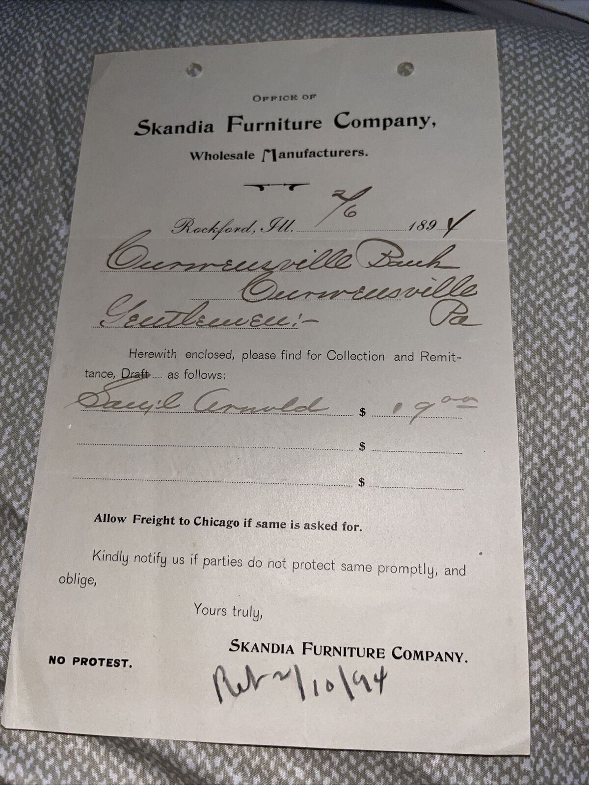 Antique 1894 Payment Demand Letter: Skandia Furniture Company Rockford Illinois