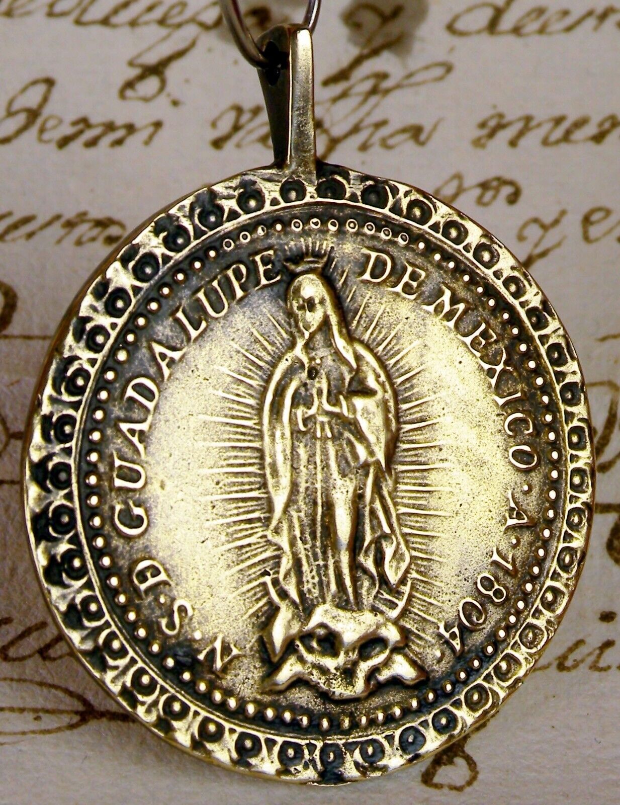 ANTIQUE DATED 1804 GUADALUPE MEXICO SHRINE PILGRIMAGE BRONZE ROSARY MEDAL