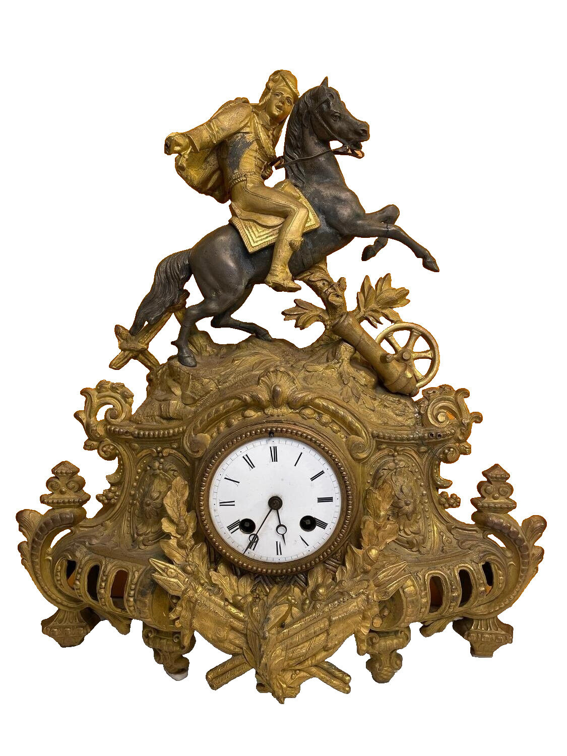 Antique Patinated Brass Bronze Table Clock Soldier Figurine 15\