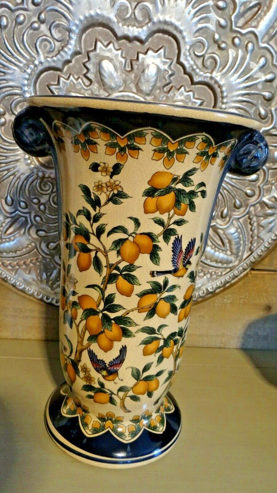 Large Crackle Finish Vase With Lemon And Bird Pattern