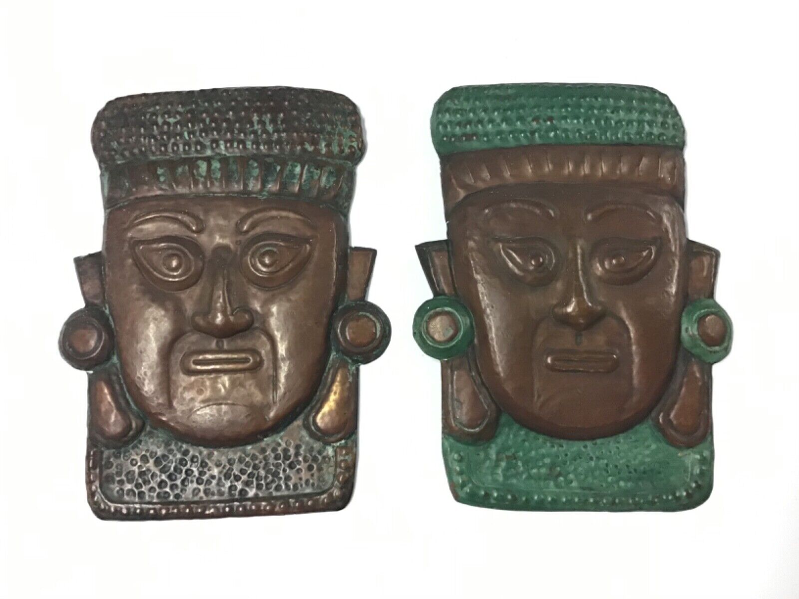 Antique/Vintage Aztec Hand Pounded & Painted Copper Faces