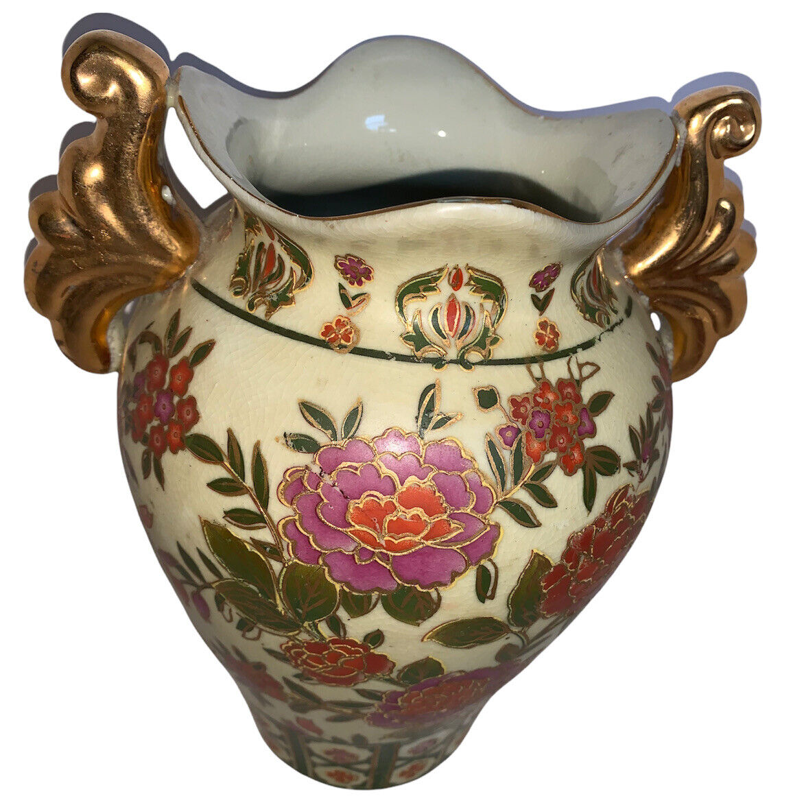 Vintage Gilded Vase with  Handles Floral Design Gold Trim Made In China 9.5”