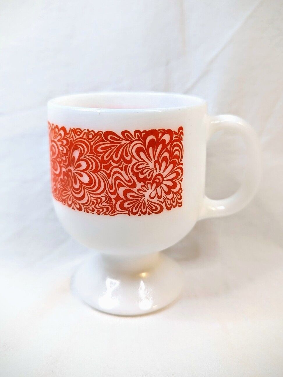 Mid Century Milk Glass Mug Pedestal Hippie Red Swirl Motif C Handle Retro Groovy