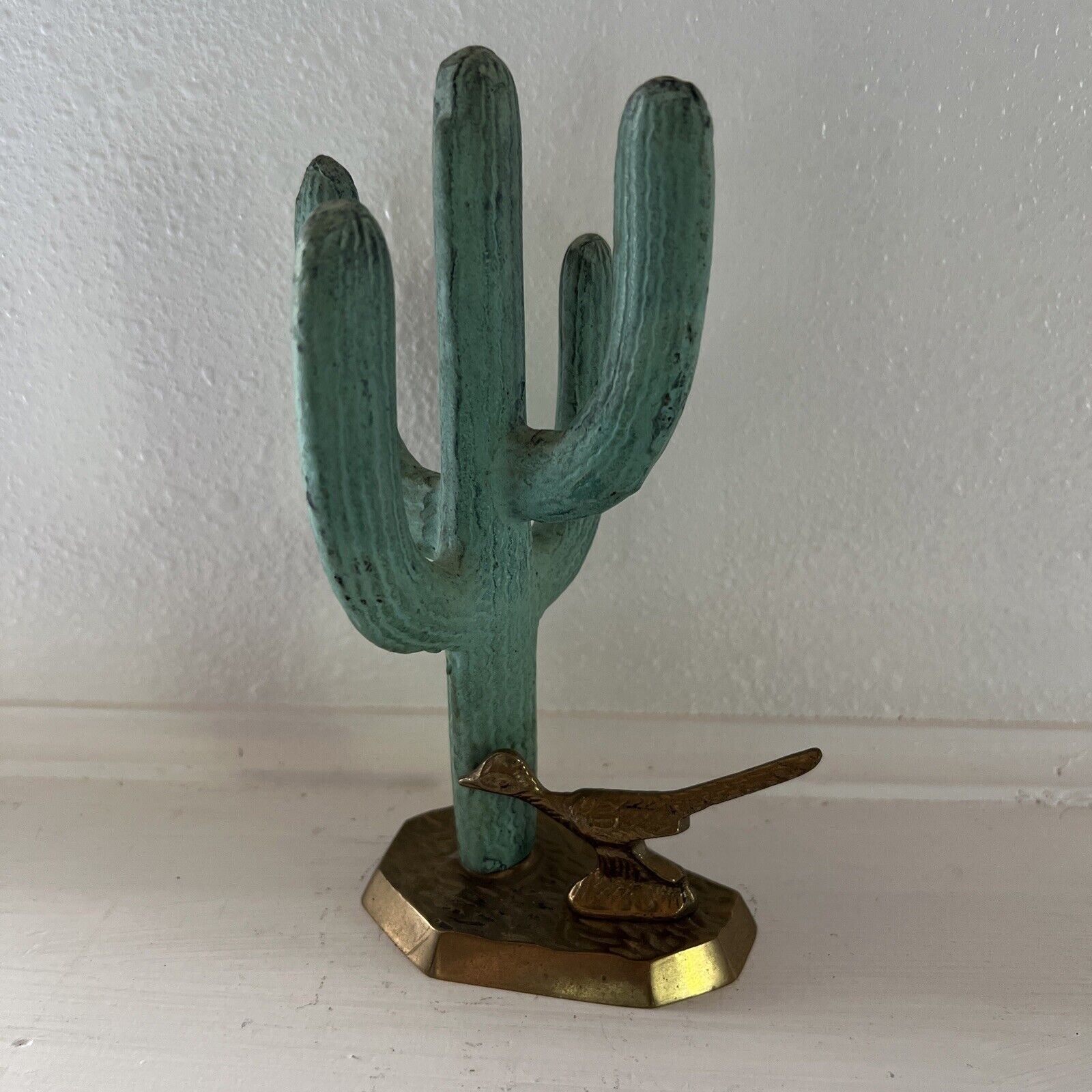 Vintage Brass Saguaro Cactus Roadrunner Sculpture Statue Collectible Decor 7.75”