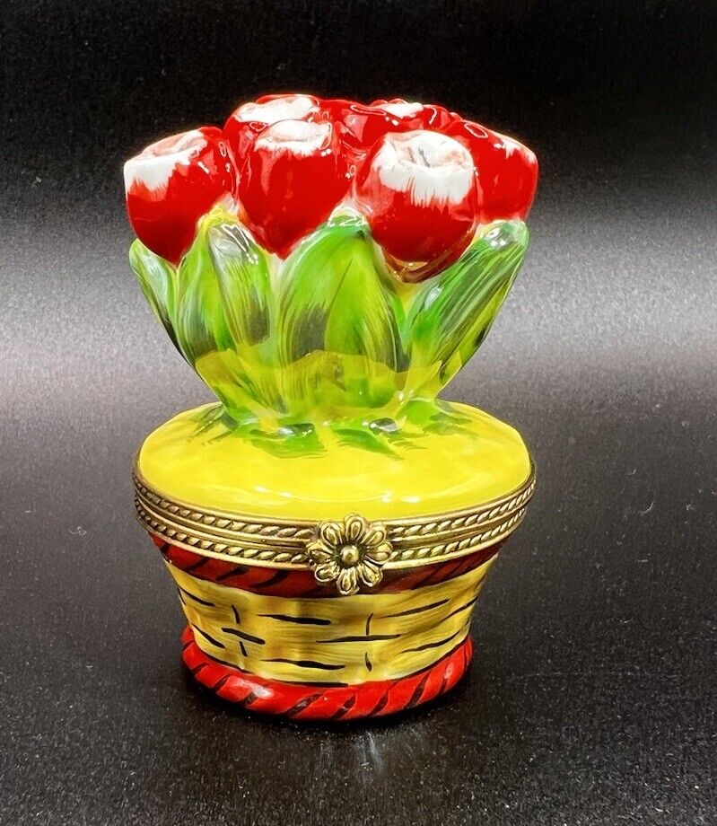 Limoges “Red Tulip Flower Pot” Porcelain Trinket Box Peint Main Limited 25/500
