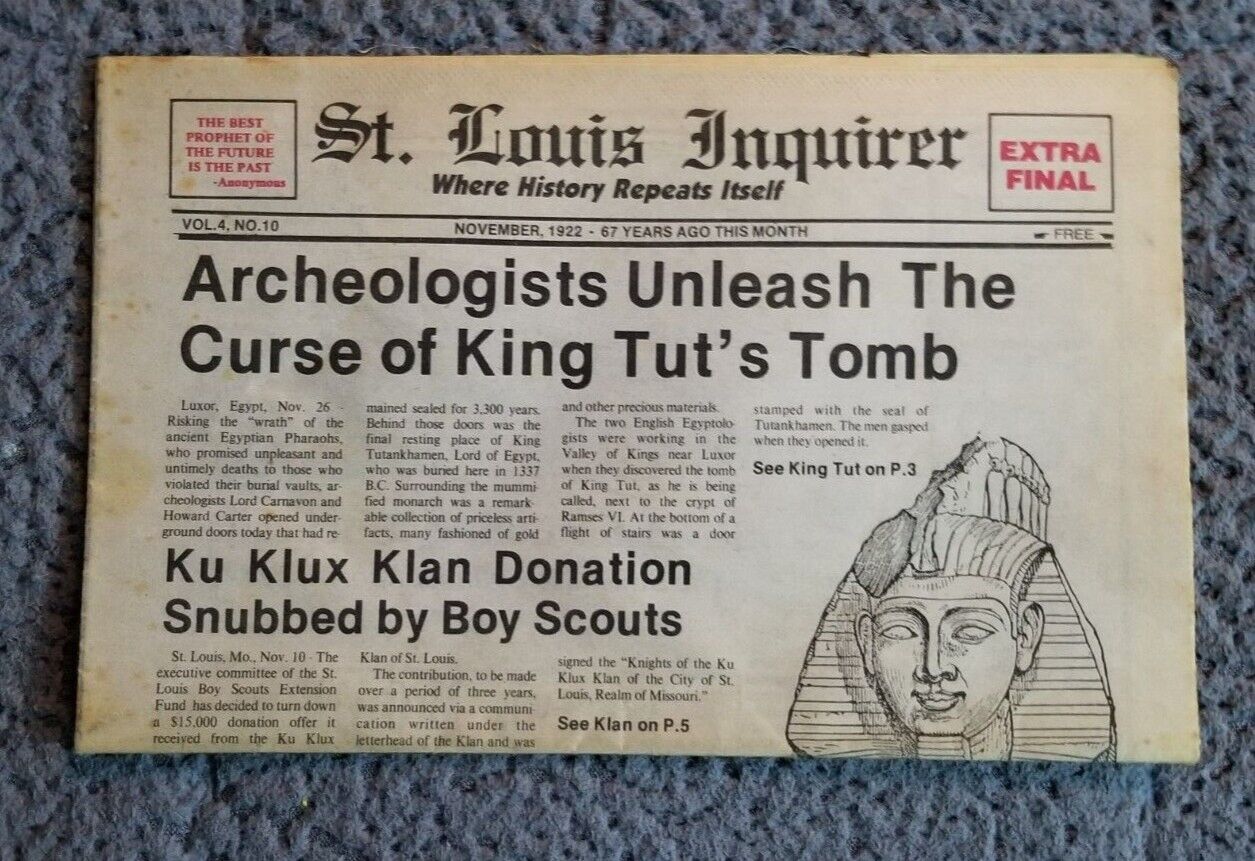 Vintage 1922 The Curse of King Tut\'s Tomb St Louis Inquirer Newspaper Klan