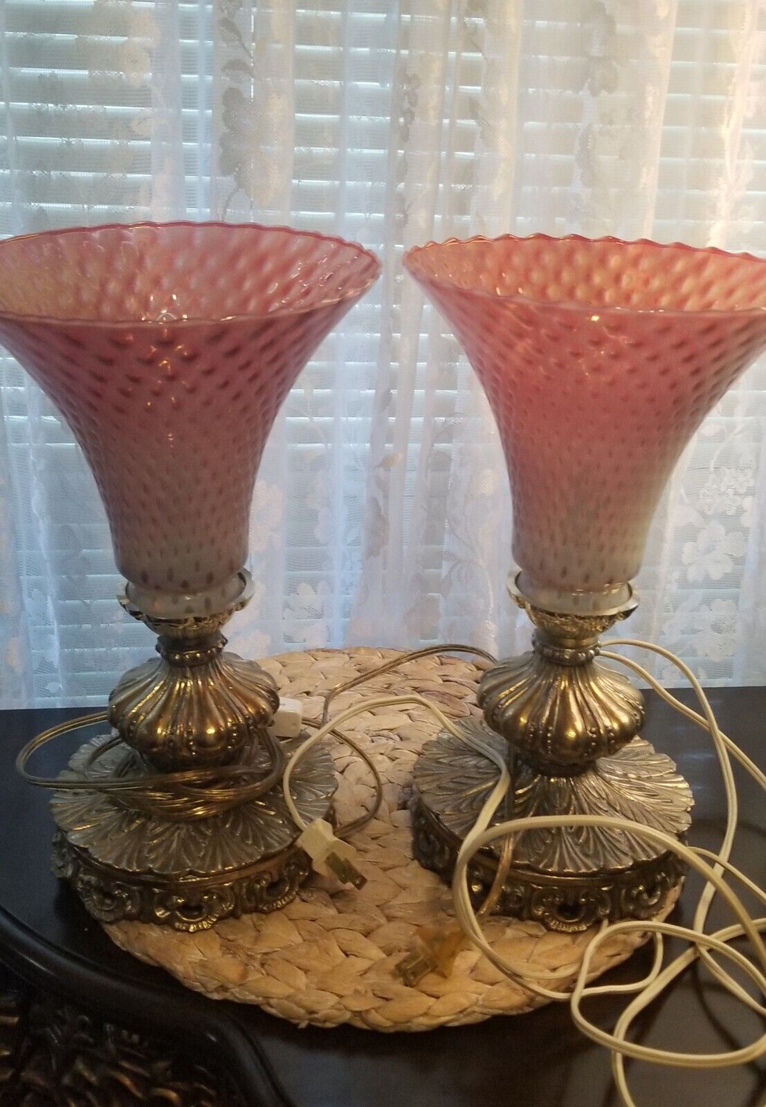 Fenton Cranberry Opalescent Glass torch Two table  lamp