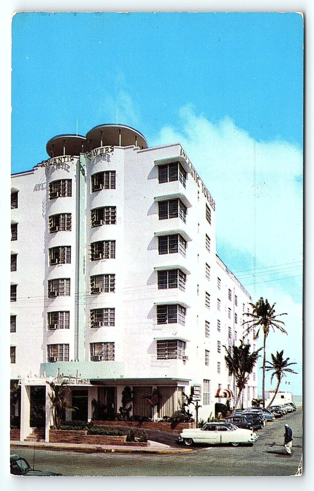 1950s MIAMI BEACH FL ATLANTIC TOWERS HOTEL AND CABANA CLUB POSTCARD P2936
