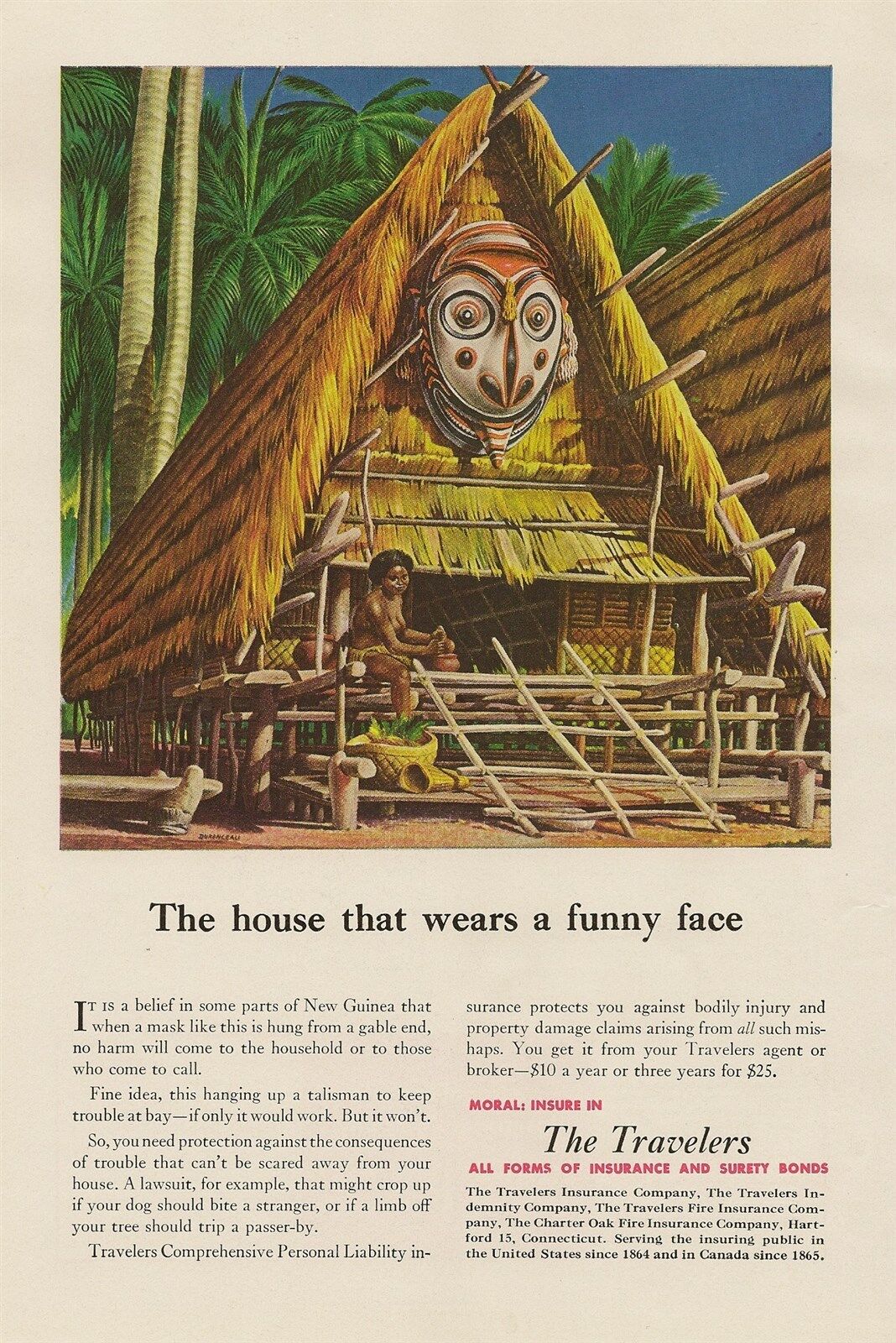 Full-Color 1951 Travelers Insurance Ad NEW GUINEA MASK Andre Duranceau Artwork