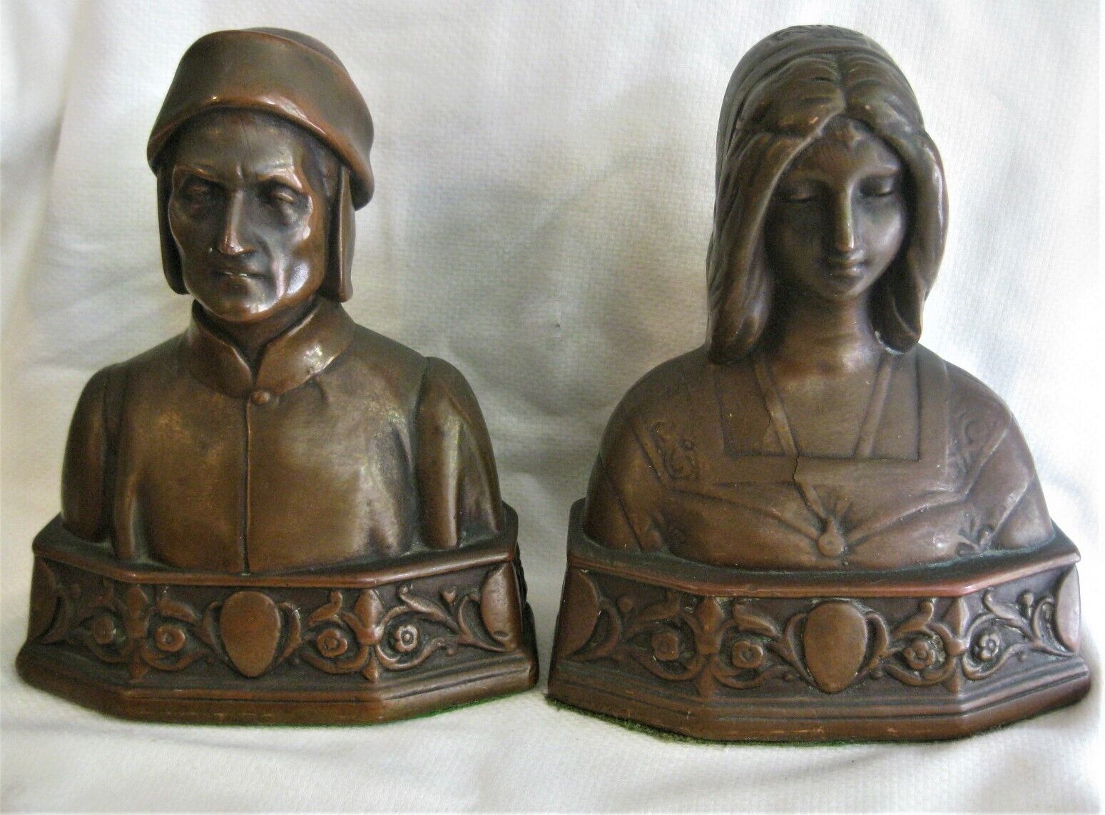 Antique DANTE & BEATRICE Pompeian Bronze Co. BOOKENDS Made in New York USA