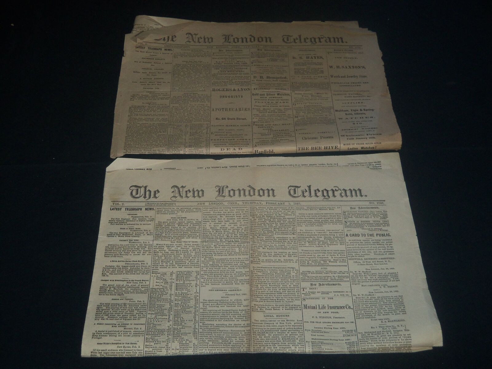 1881-1882 NEW LONDON TELEGRAM NEWSPAPER LOT OF 2 - GUITEAU TRIAL - NP 3908