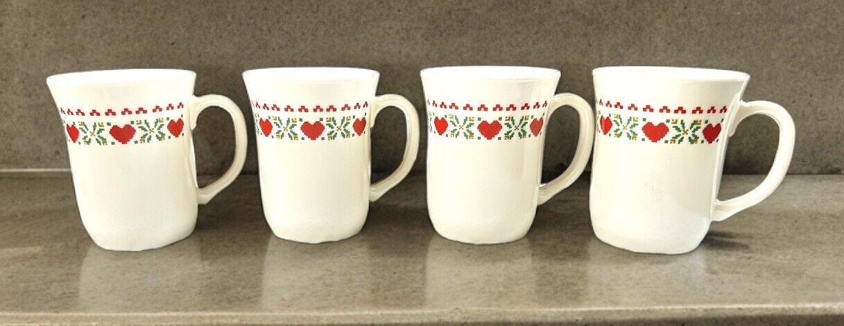 Vintage Made in France Arcopal Set of 4 Needlepoint/Hearts Coffee Mugs 