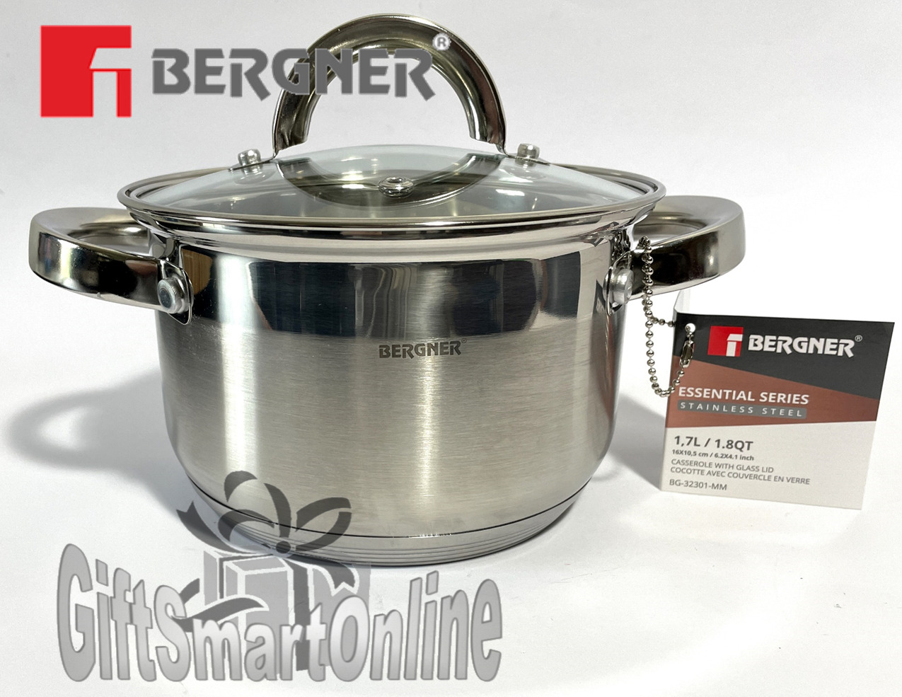 Bergner 3.7qt Essential Series Stainless Steel Casserole Pot Glass Lid Oven Safe