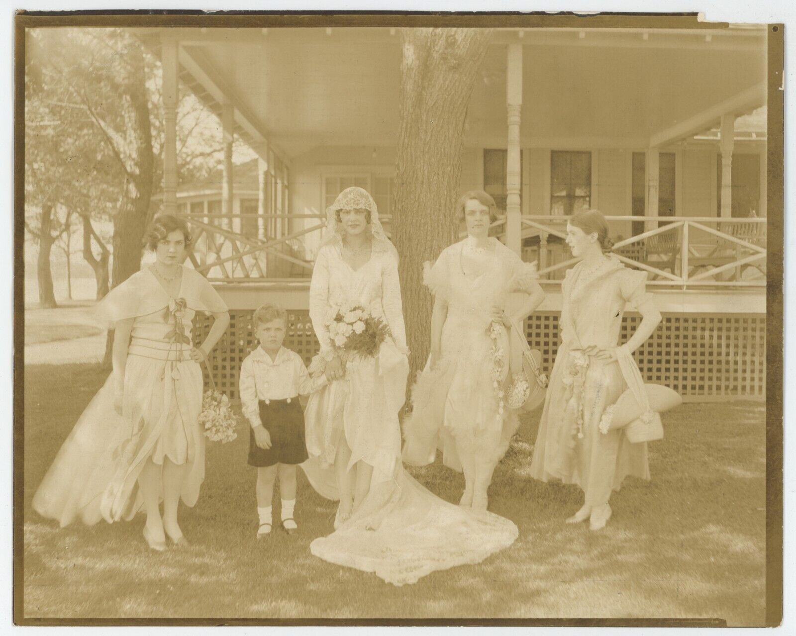 Antique c1920s 8X10 Print Stunning Bride With Bridesmaids & Young Boy Outside