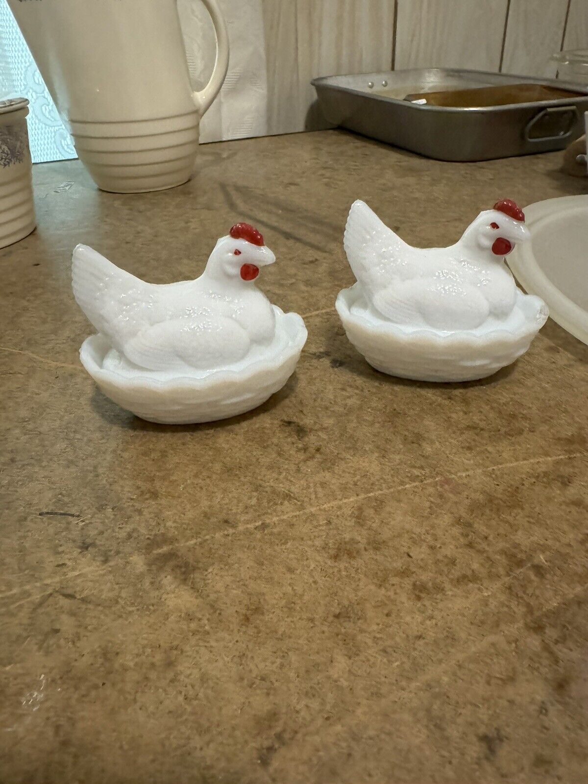 2 milk glass 4” chickens on nest