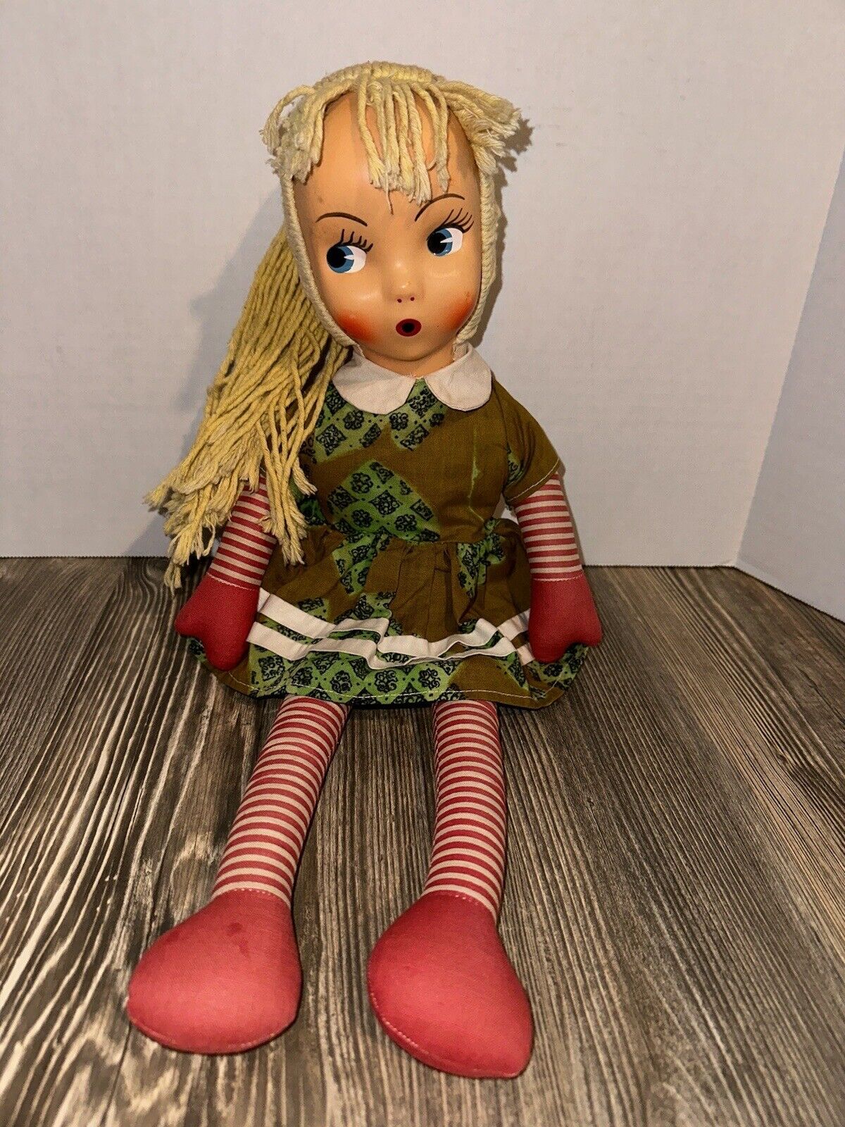Vintage 15” PolishSawdust Filled Rag Girl Doll Mask Face Blonde Hair