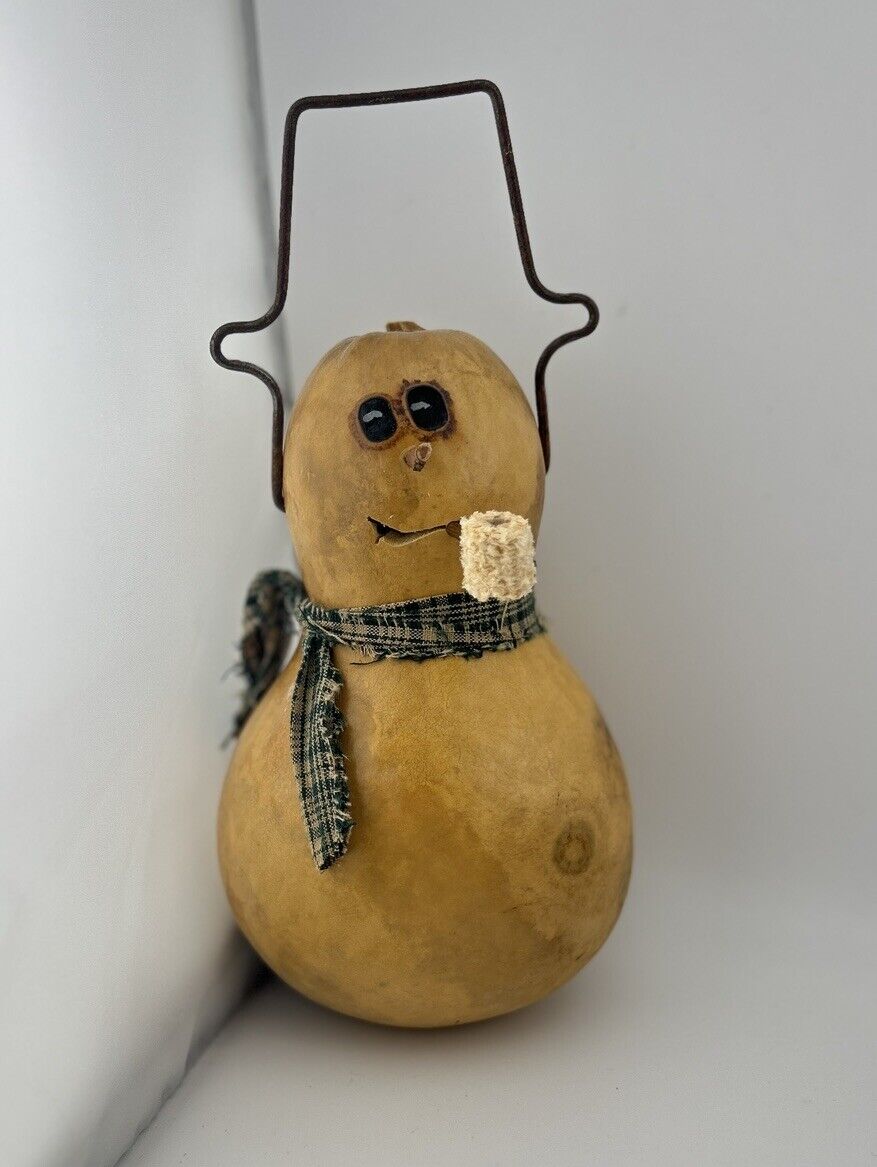 Rustic Dried Hanging Gourd Snowman Figure w/ Scarf Pipe Christmas Folk Art 9”