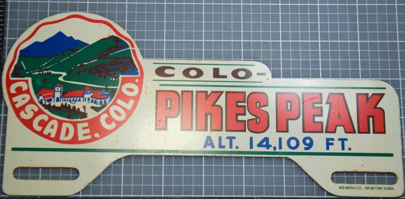 RARE 1950s PIKES PEAK CASCADE COLORADO PAINTED METAL TOPPER SIGN ROCKY MOUNTIANS
