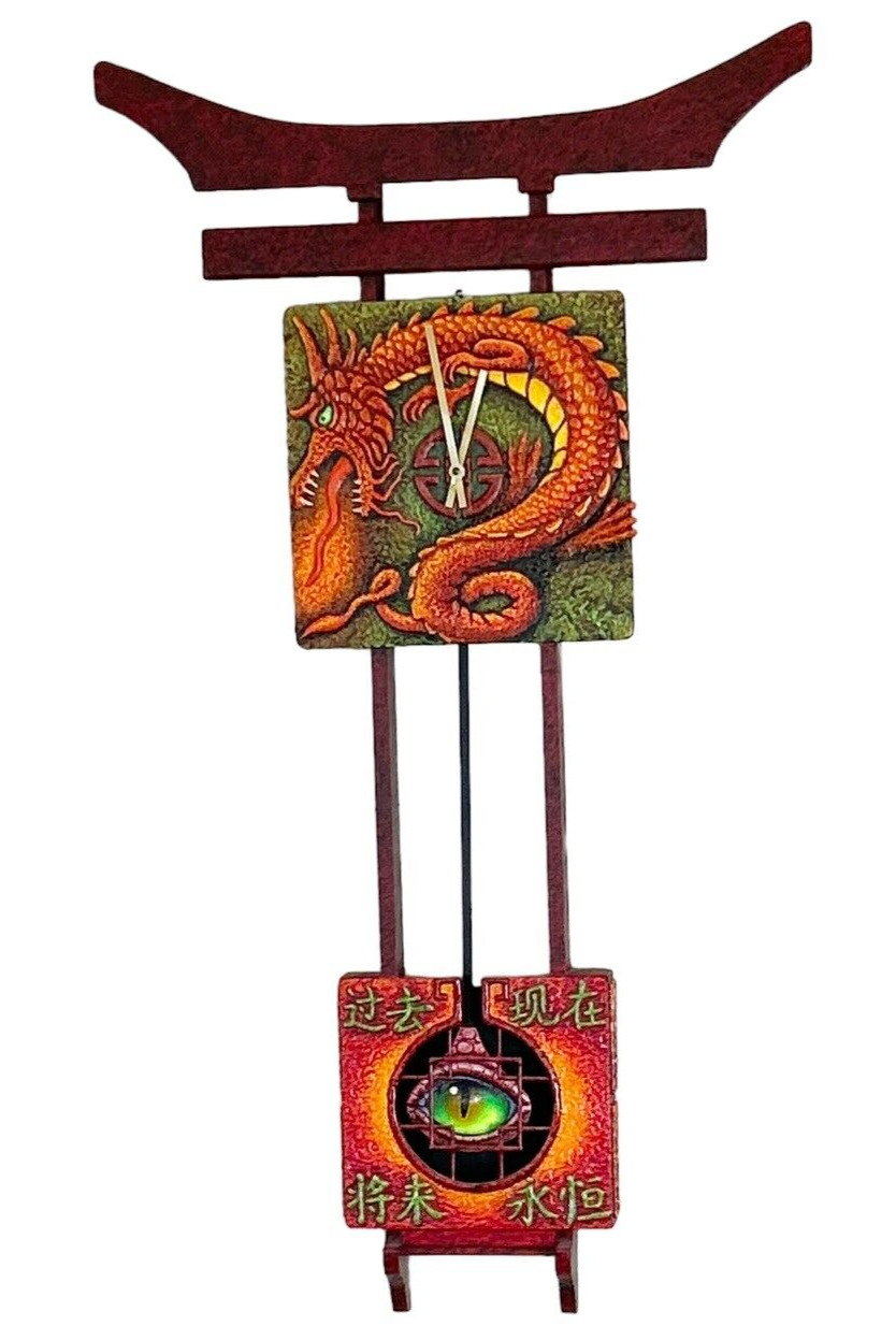Vintage Asian Style Raised Painted Dragon Wooden Pendulum Clock Battery 38\