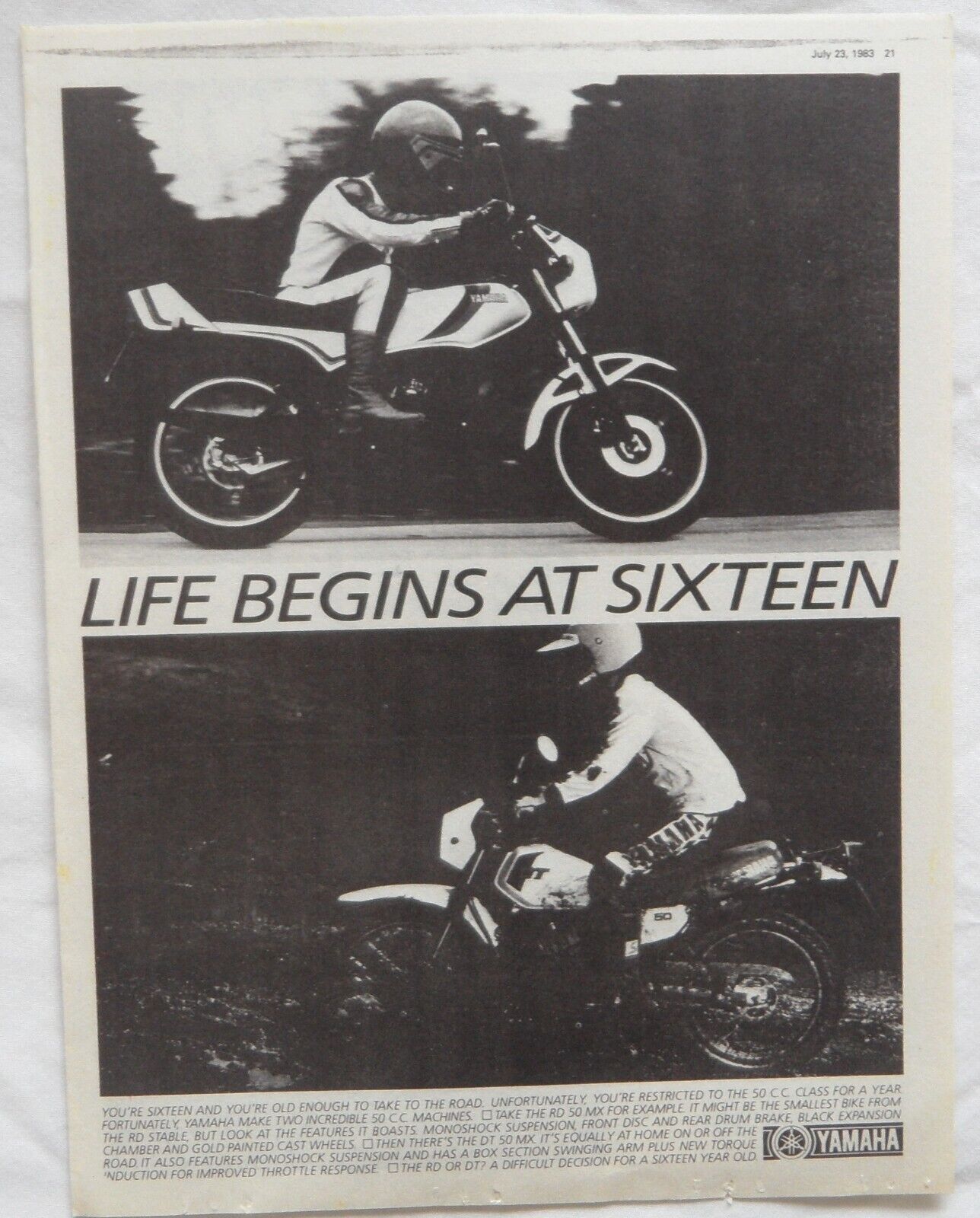 YAMAHA MOTORCYCLE : magazine ADVERT - 1983