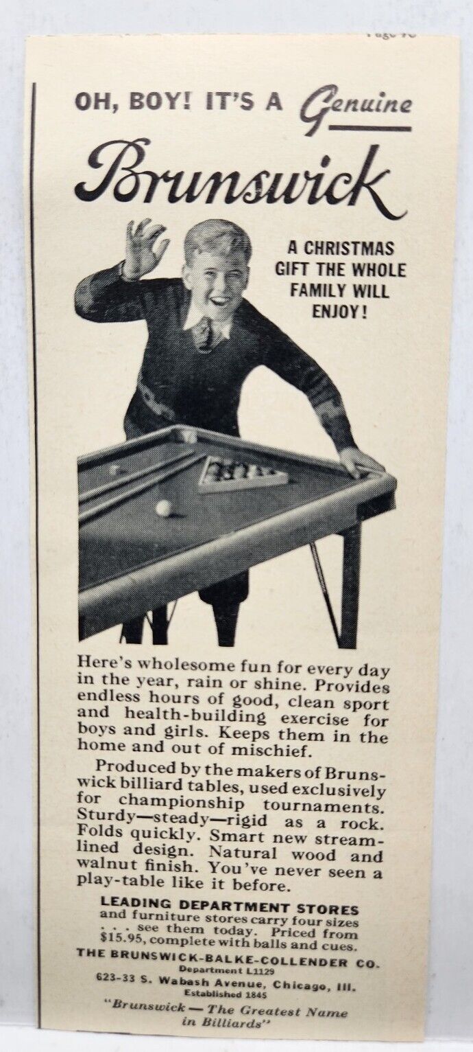 1937 Brunswick Pool Table Vintage Print Ad Poster Man Cave Art Deco Chicago IL