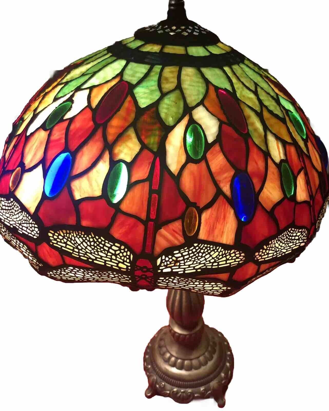 Art Nouveau 23” Tiffany Style DRAGONFLY Leaded Glass Shade Lamp AS IS