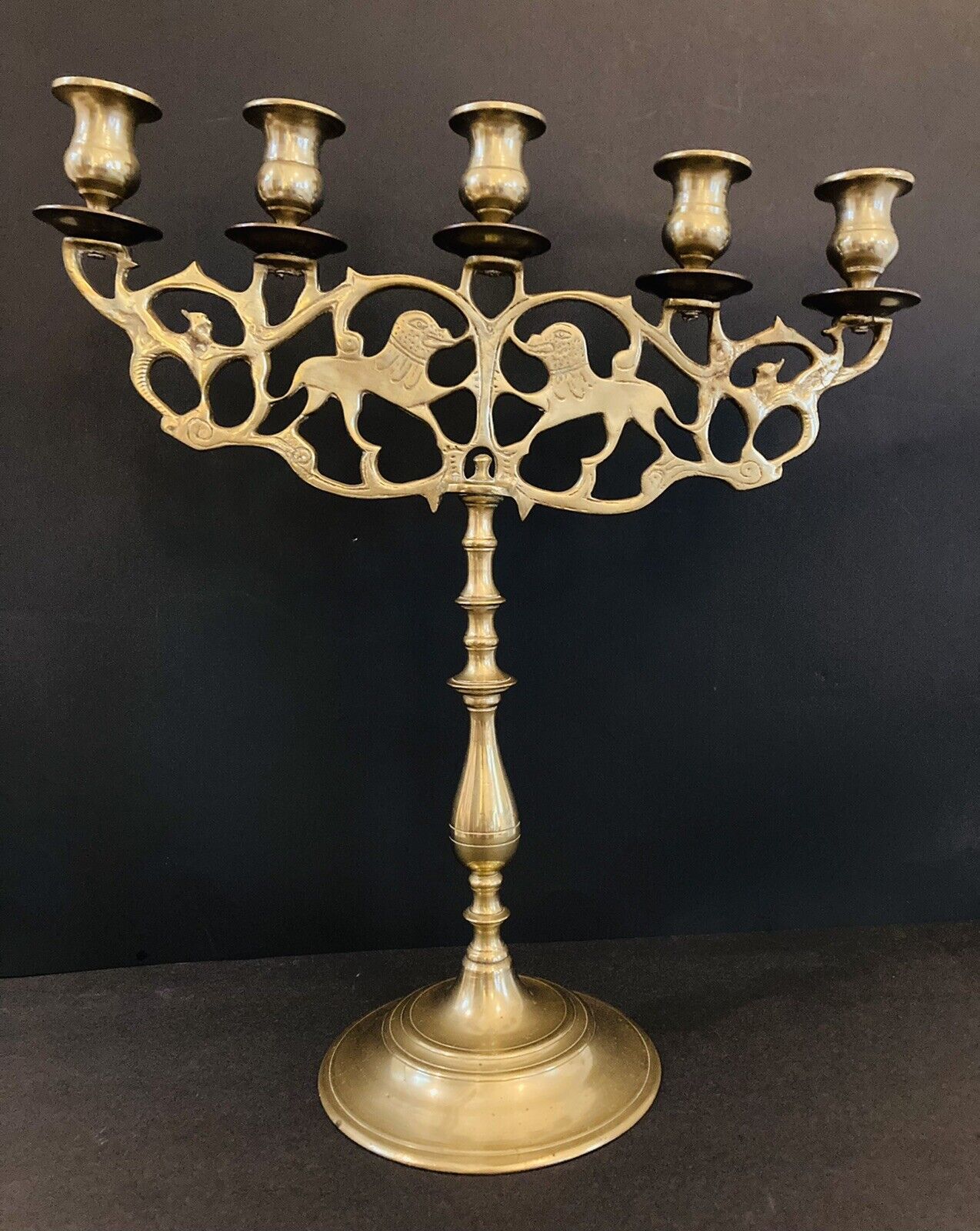 Vintage Large Brass 5 Arm Candelabra Lions Of Judah Candle Holder