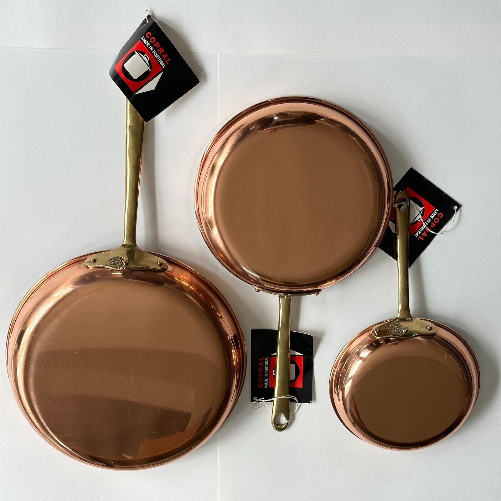 VINTAGE 1978 Copral Portugal NWT Copper Brass Frying Pan Set 3 Cookware Skillet