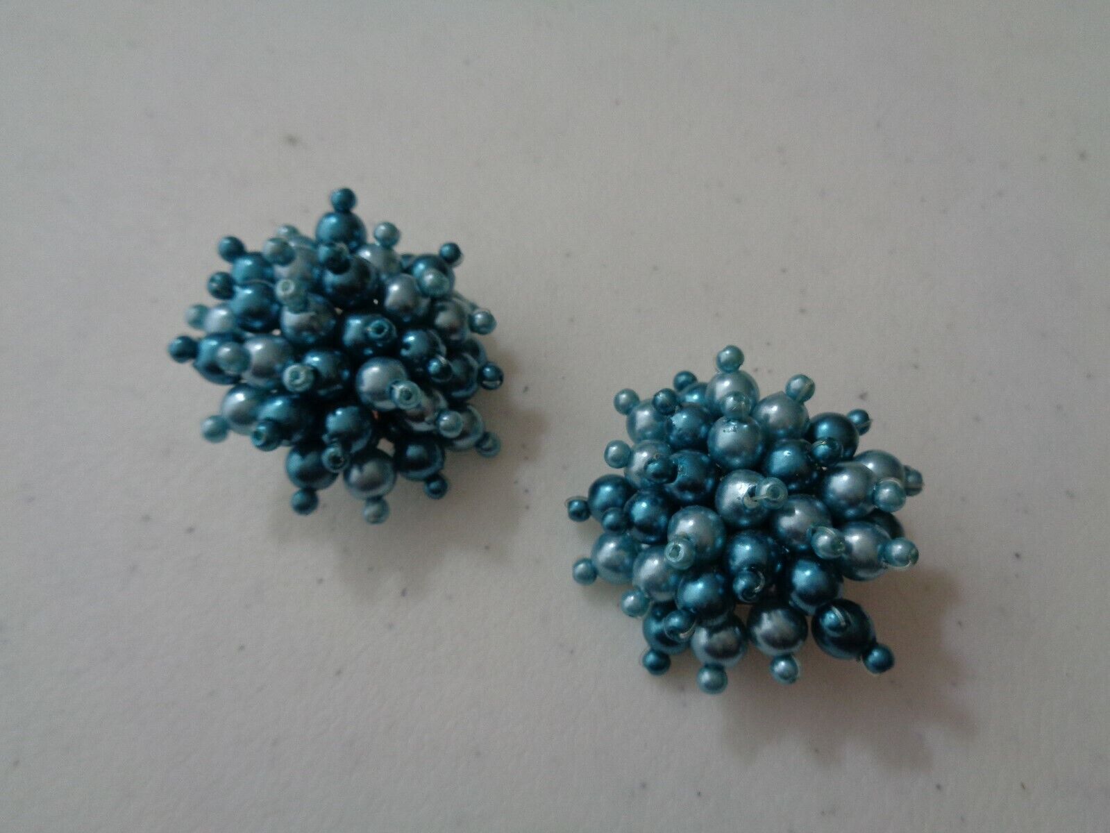 Plastic Bead Cluster Clip Earrings Vintage 2 Tone Blue Unusual Color Clip-On