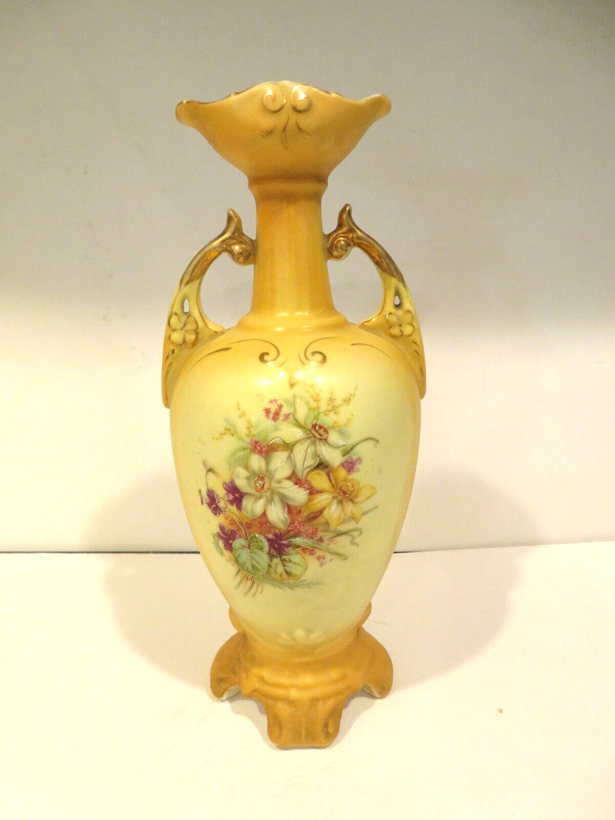 Antique porcelain matte yellow matte bud vase, Austrian style or theme  USED