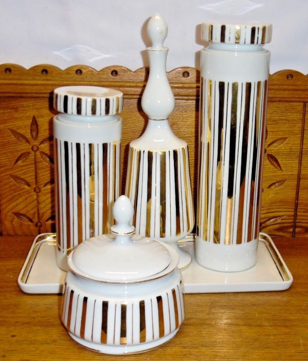 Vintage Charleton AWCO Gold Decorated White Porcelain Dresser Set