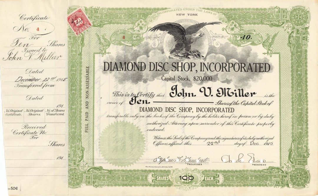 Diamond Disc Shop, Inc. signed by Charles Edison - Stock Certificate - Autograph