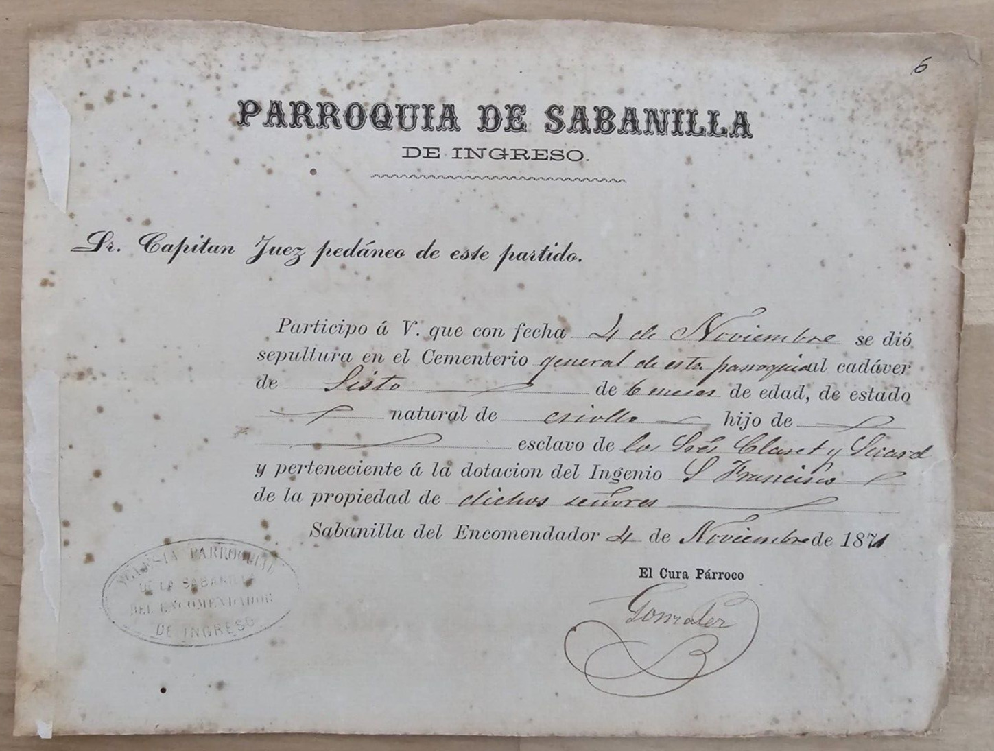ANTIQUE Cuban Cuba Letter 1874 Slave AFRICAN DEATH CERTIFICATE DOCUMENT