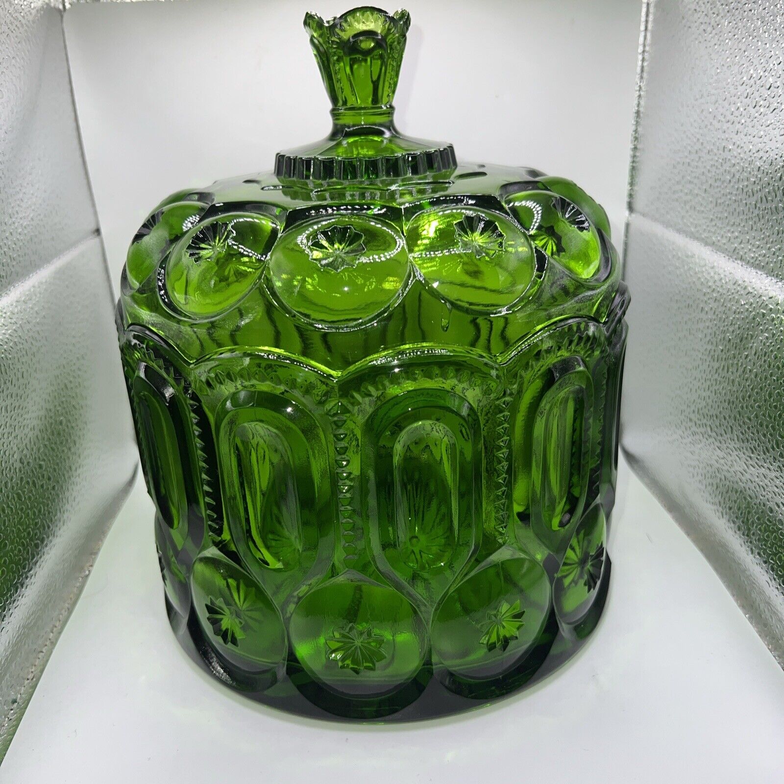 L E Smith Moon and Stars Green L 10” Art Glass Jardiniere Lid Biscuit Cookie Jar
