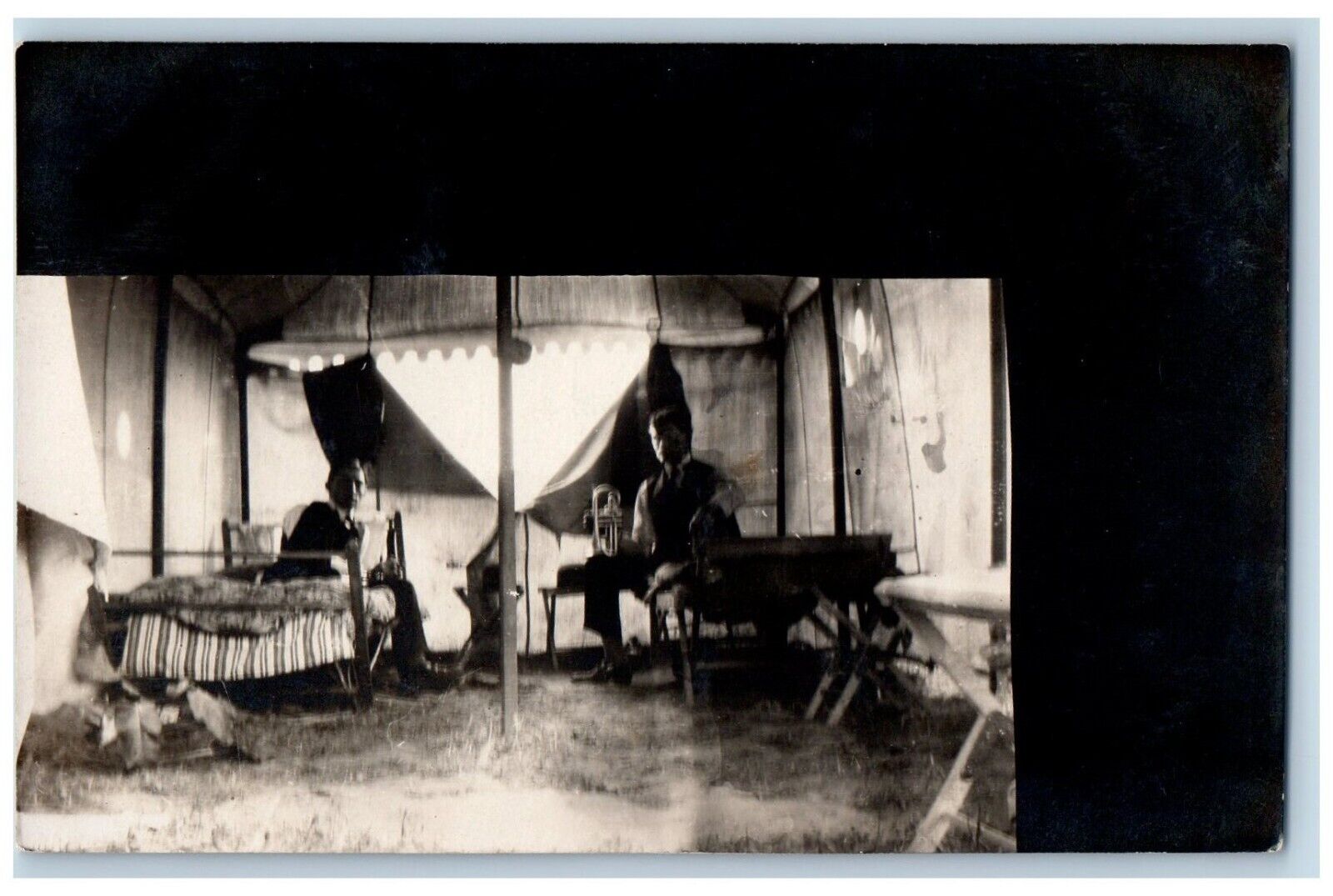 Trumpet Postcard RPPC Photo Musicians In Tent Music c1910\'s Antique Unposted