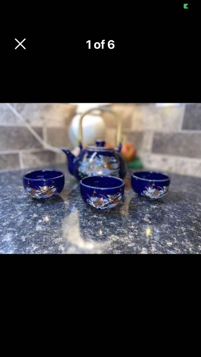 Vintage Colbalt Blue Japanese Floral 3 Glasses And Teapot