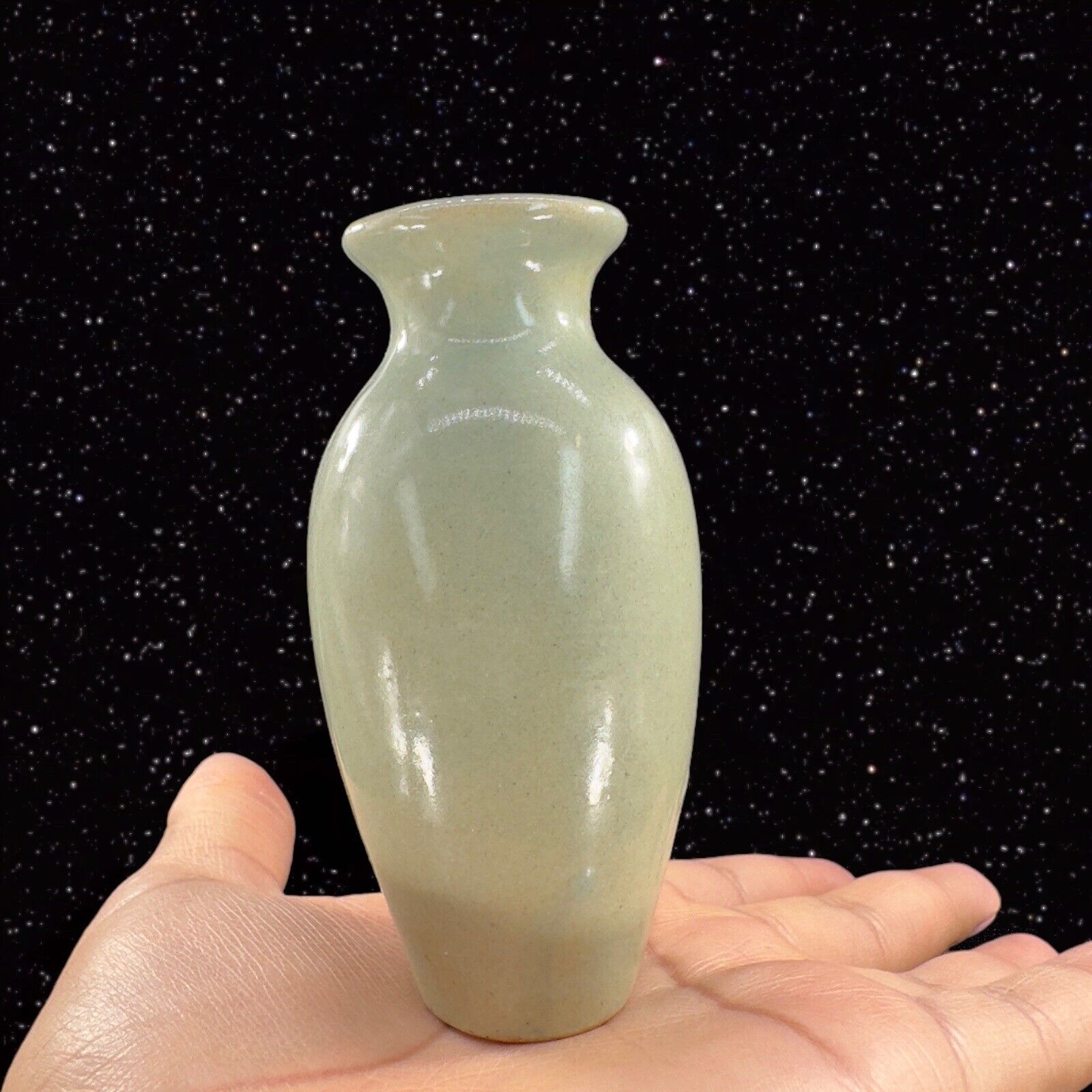 Vintage 1950s Green Celadon Vase Hand Made Pottery Miniature Bud Vase Stoneware