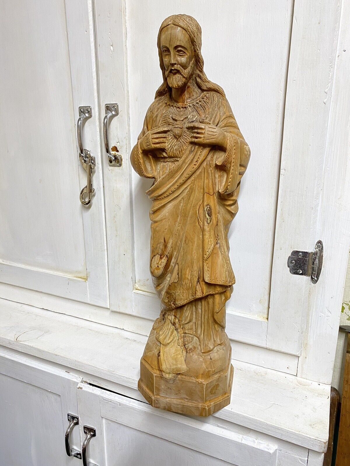 Vintage Sacred Heart Of Jesus Hand Carved Olive Wood Statue Sculpture 21”