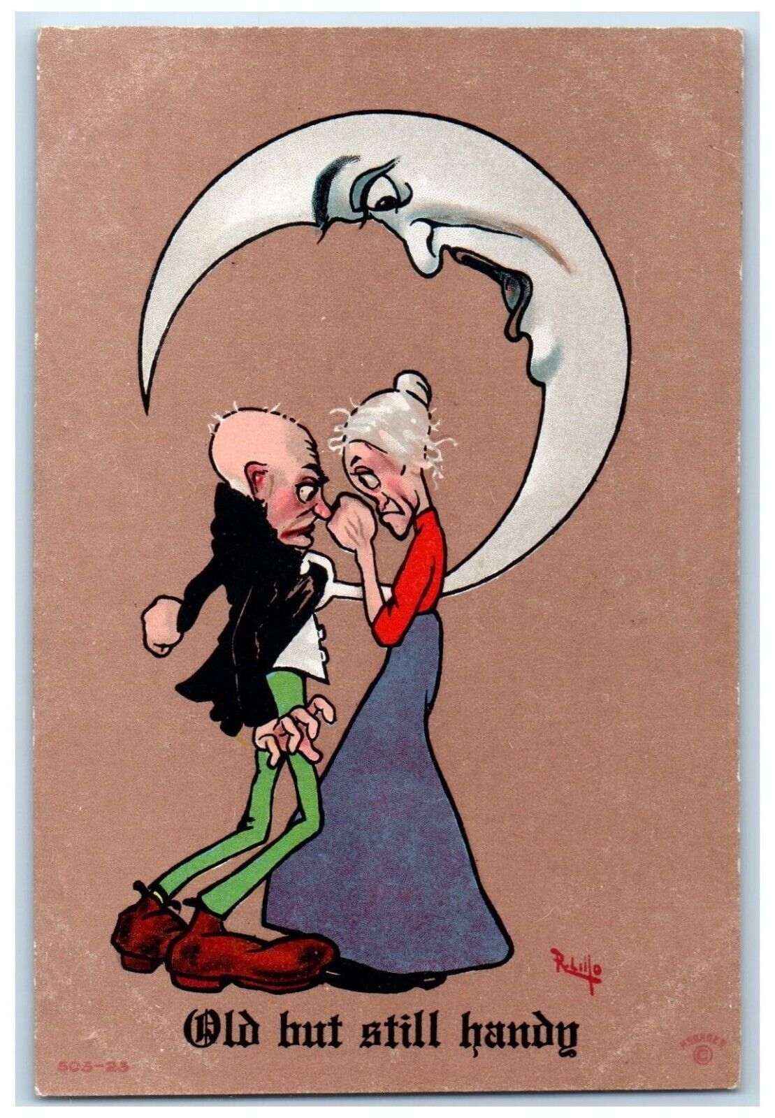 c1910s Old Couple Fighting Anthropomorphic Crescent Moon Lillo Embossed Postcard