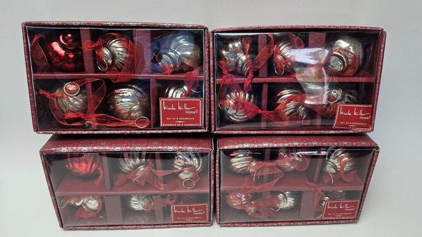 Nicole Miller Kugel Style Mercury Glass Ornaments Red Silver Swirl Lot of 24